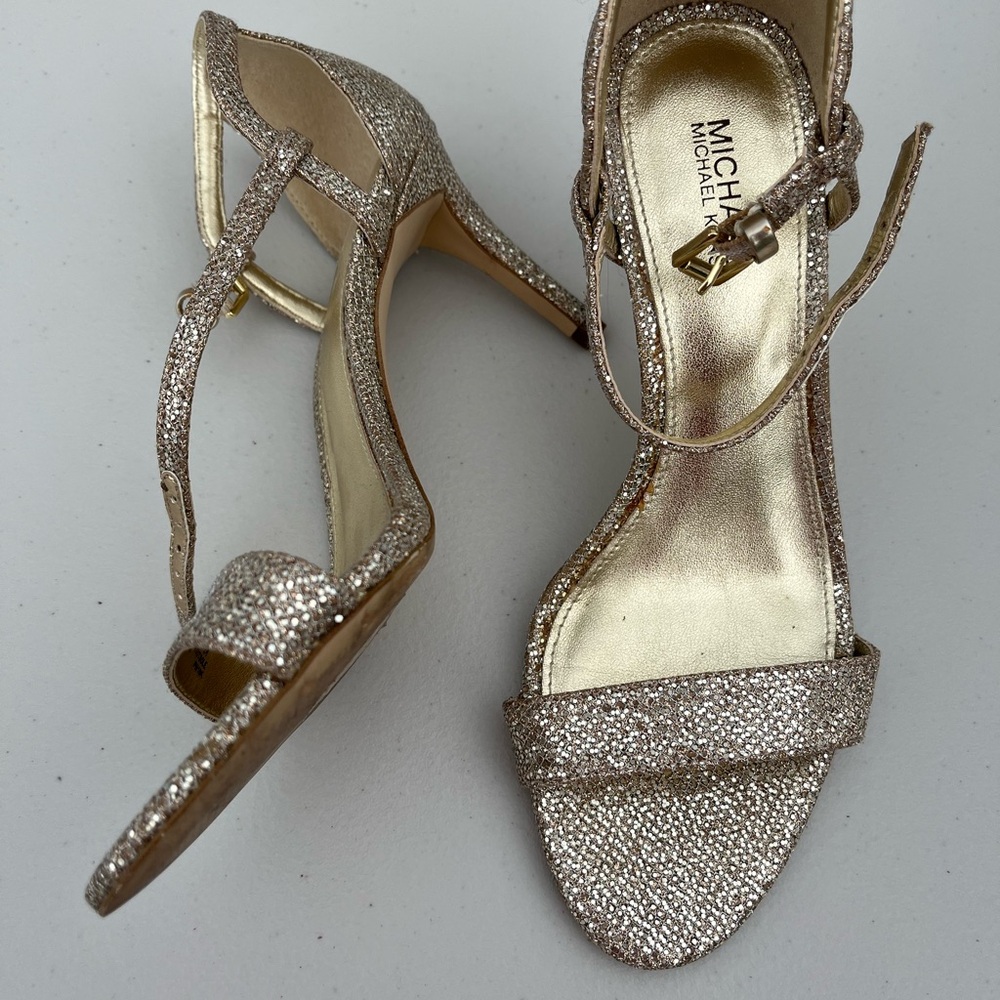 Michael Kors Simone high heel sandal shoes. Sparkly champagne size 6M